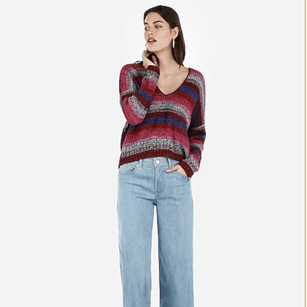 EXPRESS Striped Split Back V-Neck Sweater Size M - Picture 4 of 11